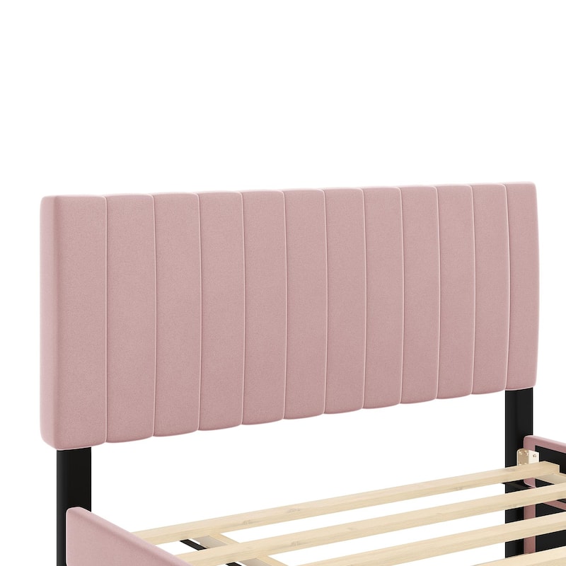 Full Size Velvet Upholstered Platform Bed with Twin Size Trundle, Beige