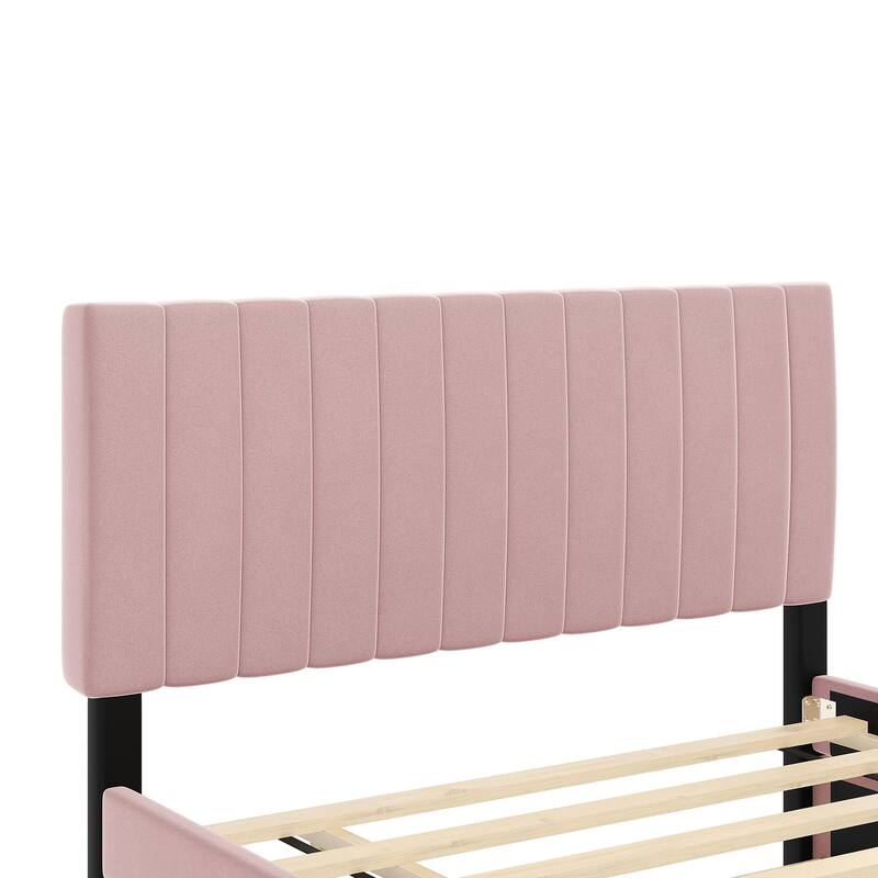 Twin/Full Size Velvet Upholstered Platform Bed Frame with Twin Size Trundle and Vertical Headboard, Wooden Slats Support