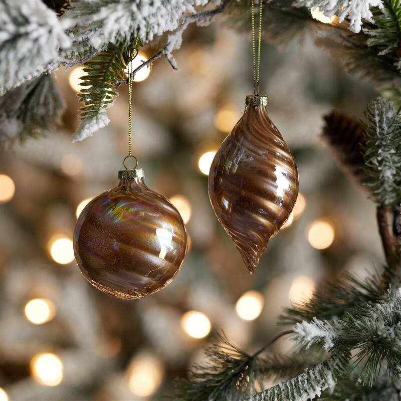 12 Gold Iridescent Swirl Glass Ornaments Ball and Onion Shapes Perfect for Holiday Tree Decorations - 3”L x 3”W x 3.5”H