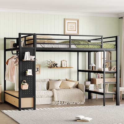Metal Bed Frame Queen Size Loft Bed with Open Wardrobe, Hanging Rod, Storage Shelves, Pegboard and Bottom Drawers