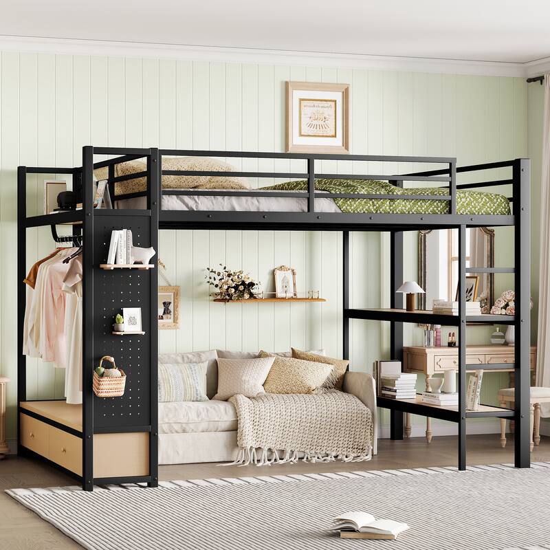 Metal Loft Bed Frame with Wardrobe, Shelves and 2 Drawers, Heavy Duty Metal Slat, Noise Free, High Loftbed Frame