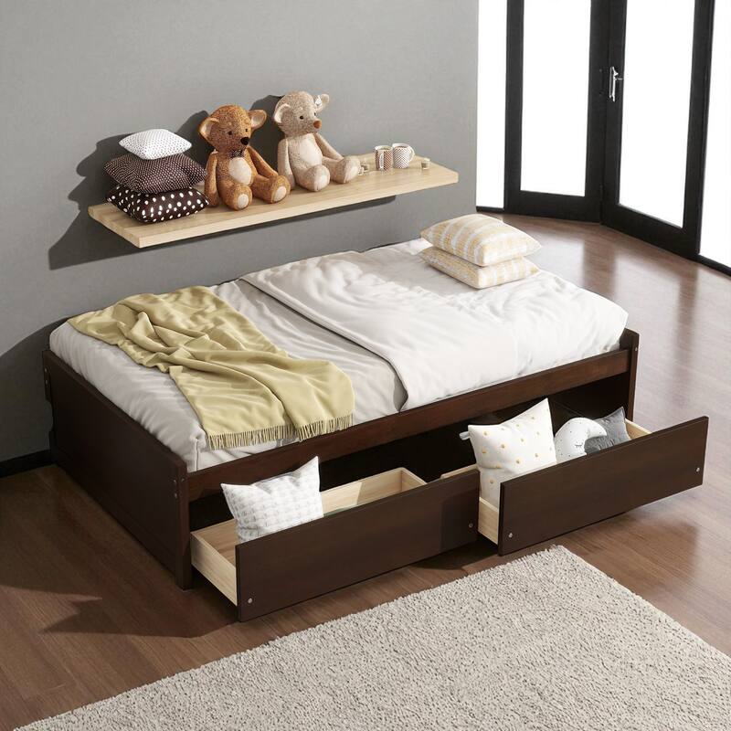 Twin Bed with Storage Drawers, Solid Rubberwood Platform, 10 Slats, No Box Spring Needed, Kids & Guest Room, 76.6"x41.6" - Espresso - Twin