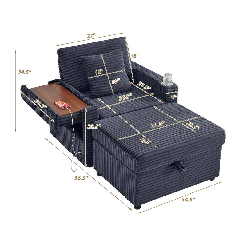 Fluffy Corduroy Lazy Sofa Chaise Lounge with Accent Chair, Storage Ottoman, Folding Table Board, Cup Holder and USB