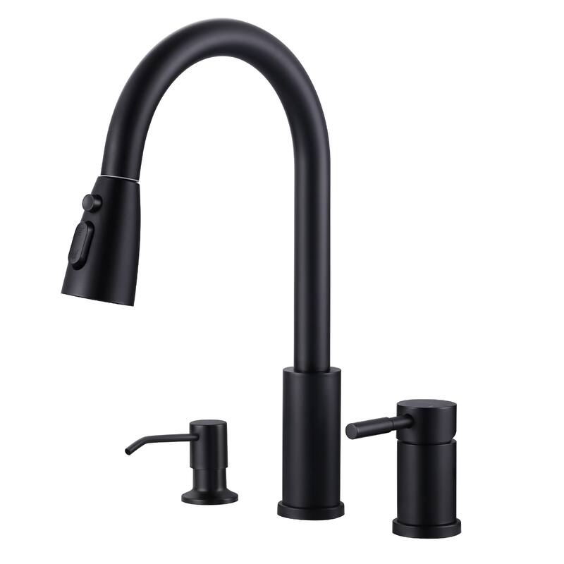 WOWOW Single Handle Pull Down Kitchen Faucet with Soap Dispenser - Matte Black