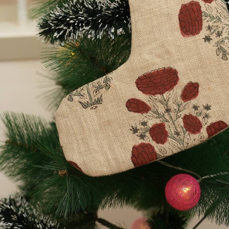 Fabdivine Handmade Linen Floral Block Print Christmas Stocking Home Décor Perfect for Gift - 10"X4.5" - Swadesh- Wine, Green