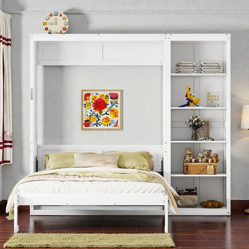 Queen Size Murphy Bed Wall Bed with Storage Shelves, Space-Saving Fold Down Bed Cabinet, MDF and Plywood Frame
