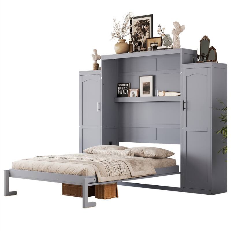 Wooden Murphy Bed Wall Bed with 2 Bulit-in Wardrobes, Full/Queen Size Foldable Murphy Cabinet Bed with Storage Shelves
