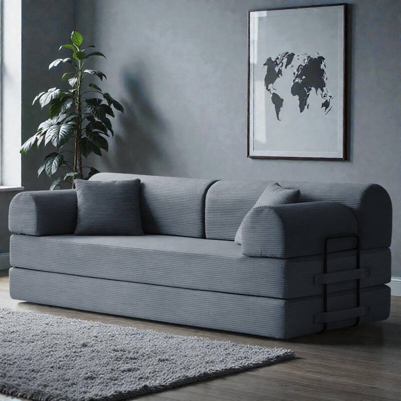 Convertible Sleeper Sofa Bed, 4-in-1 Corduroy Folding Floor Couch with Cylindrical Pillow, 2-Seat Space-Saving Lounge Sofa