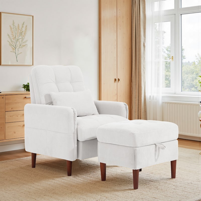 Adjustable Backrest Lounge Accent Chair Set with Storage Ottoman - White