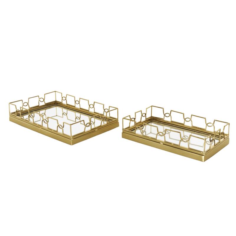 Gold Stainless Steel Metal Mirrored Geometric Living Room Decor Tray with Wire Rod Frame and Mirrored Glass Interior (Set of 2)