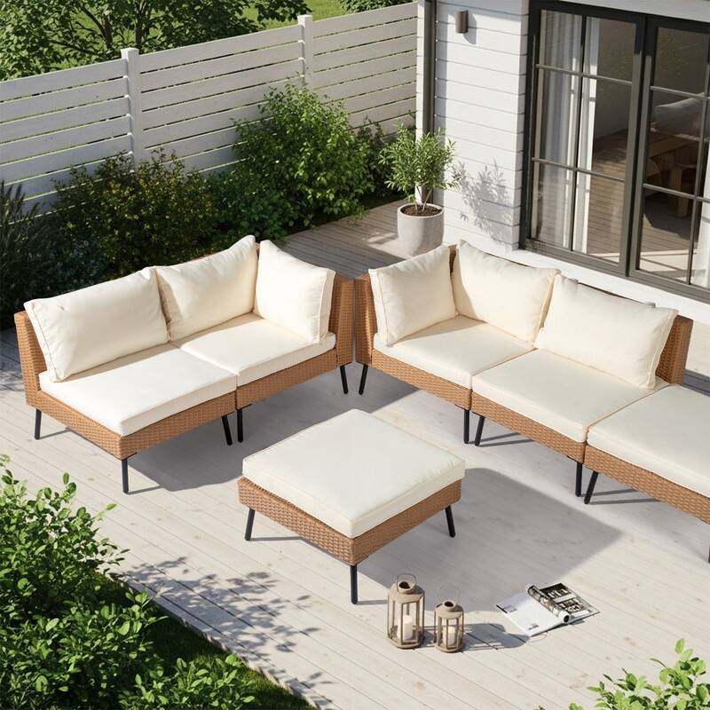 Patio 6-Piece Wicker Sectional Sofa Set with Corner & Ottomans, Adjustable Iron Feet - Yellow