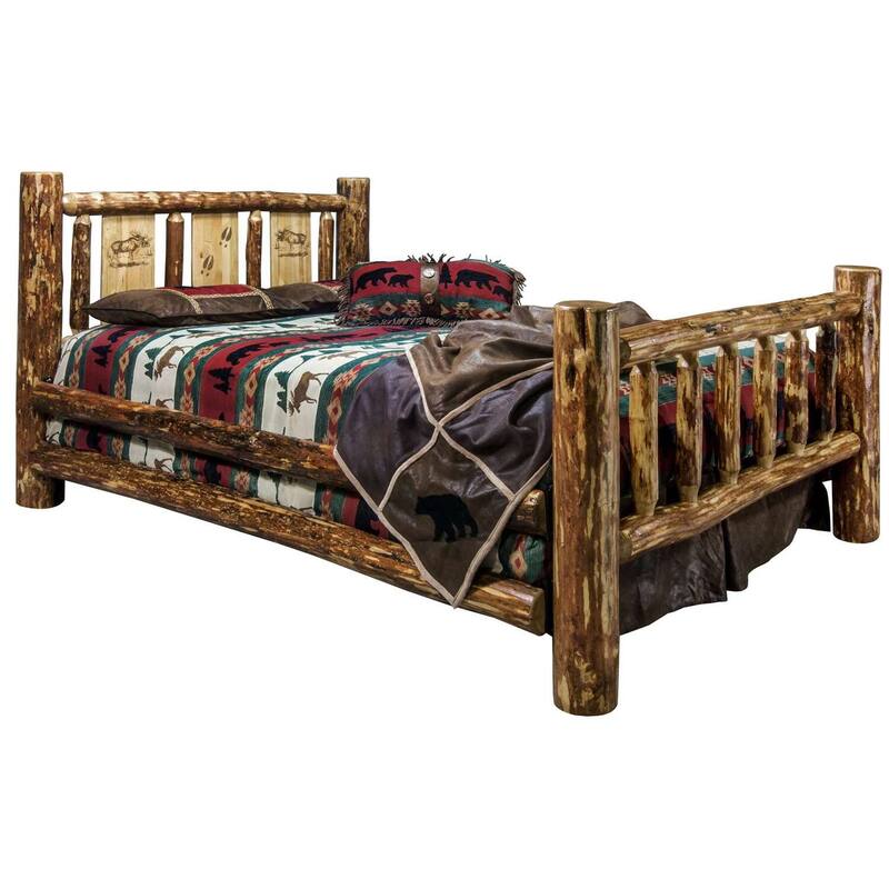 Full Bed - Moose Design Log Bed - Rustic Glacier Country Style - Solid Wood Frame - 87x60x47 in