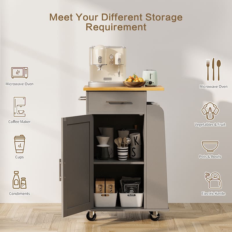 Rolling Kitchen Island with Storage Cabinet & Spice Rack & Drawer – Rubber Wood Top
