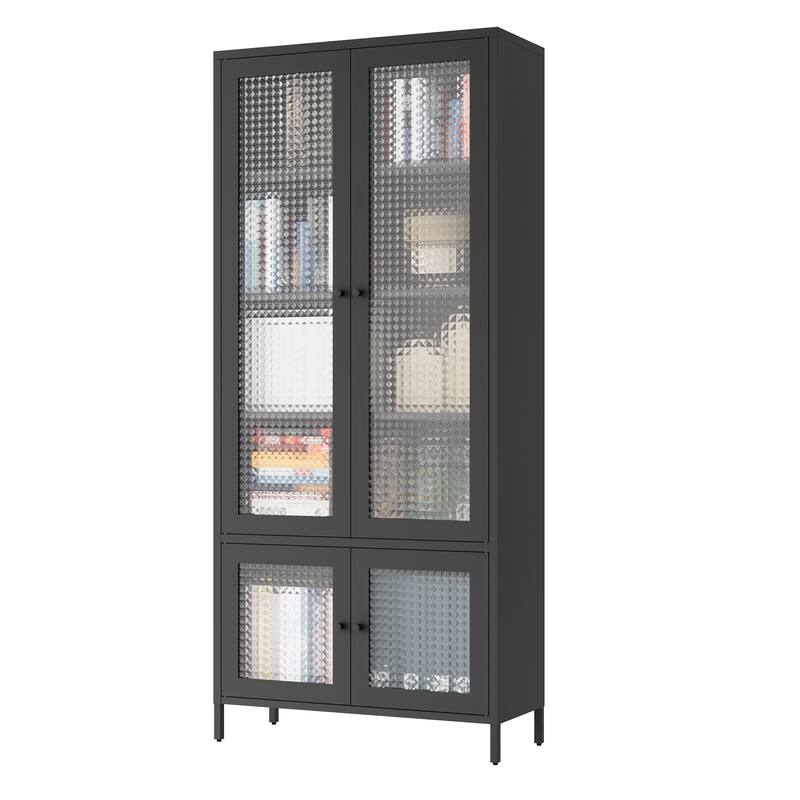 5 Shelves Cabinet Bookcase Freestanding Cabinet for Home Office,Large Metal Storage Cabinet Display Cabinet with 4 Glass Doors
