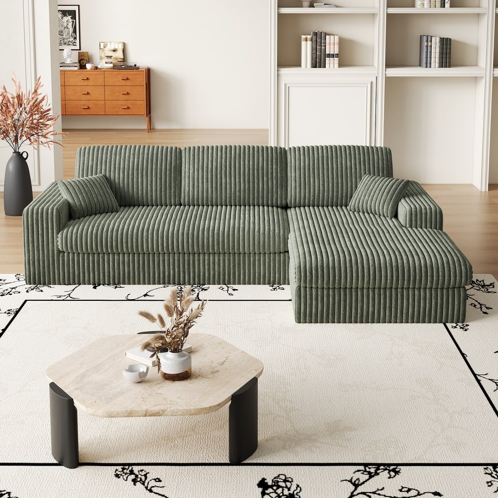 Corduroy Sleeper Sofa Bed L-shaped Sectional Sofa with Chaise, Living Room 2-in-1 Convertible Couch with Detachable Neck Pillows