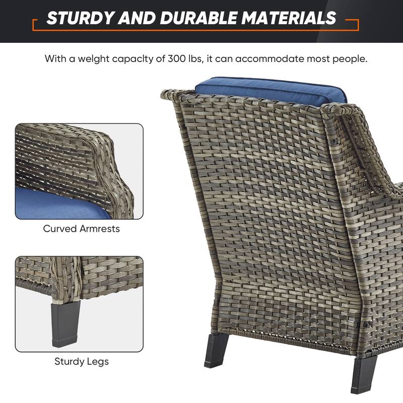 Wicker Patio Chairs with Ottomans and Cushions - Grey