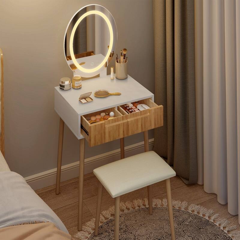 Small Vanity Desk with Mirror and Lights, Wooden Handles with Cushioned Stool