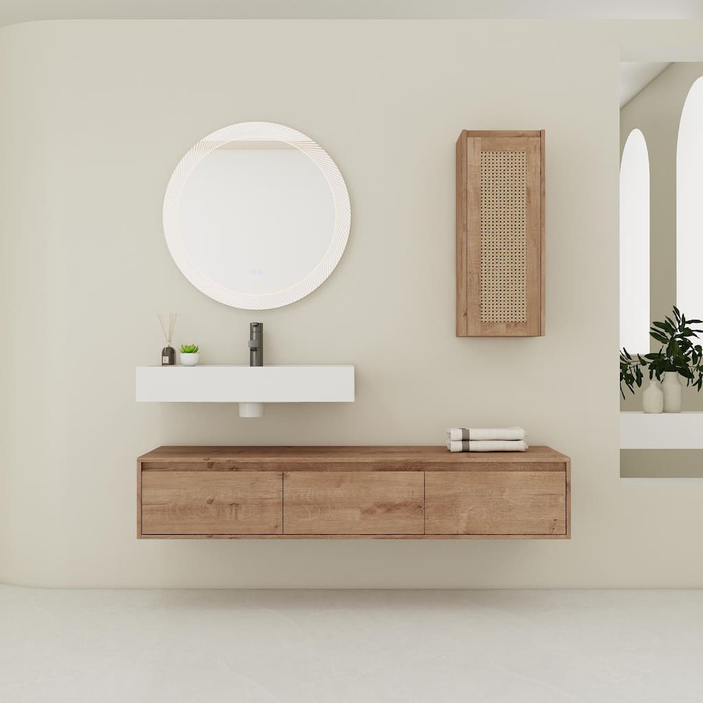 60 inch Wall-Mounted Bathroom Vanity with Resin Sink and Side Cabinet,3-Soft Close Drawer,Float Mounting Design