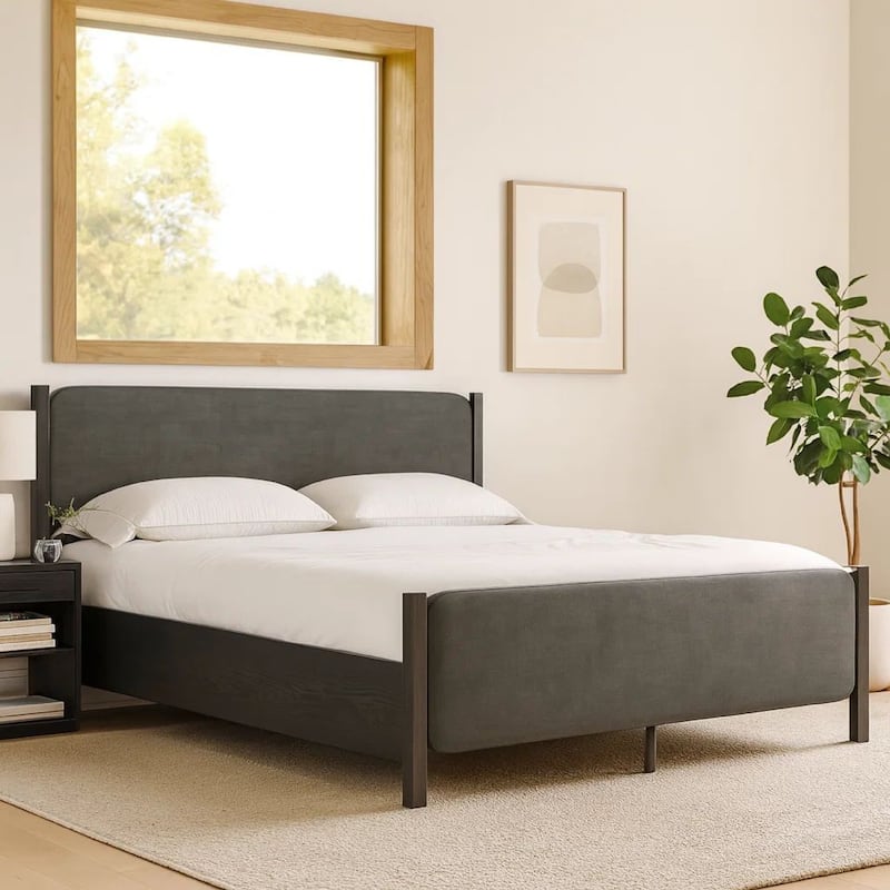 Cave King Bed Velvet Upholstery Square Posts Gray Mahogany Mahogany Wood