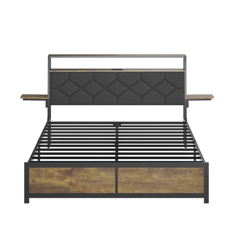 Modern Queen Size Platform Bed with RGB LED Lights,USB Port and Power Outlet