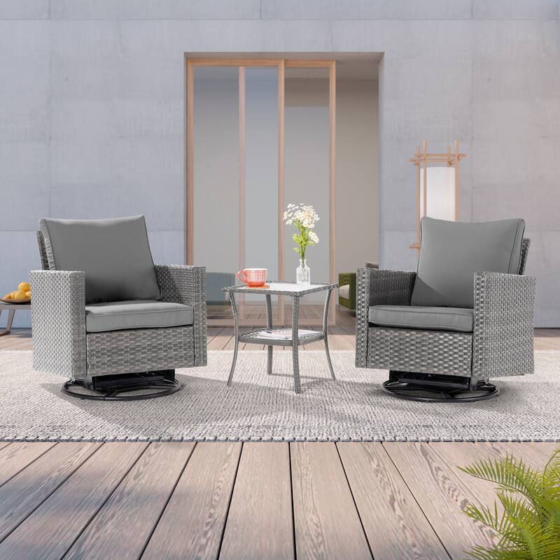 LIVOOSUN 3-Piece Patio Sofa Set Outdoor Rattan Swivel Rocking Chair Glass Table - Grey