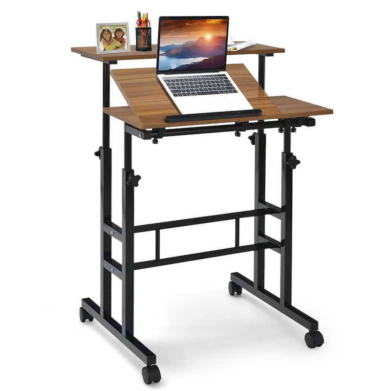 Mobile Standing Desk Stand Up Desk Height Adjustable Home Office Desk - Walnut