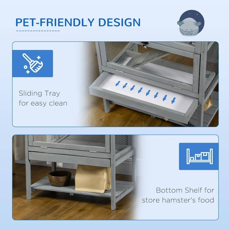 Grey Hamster Cage with Plexiglass Window and Running Wheel Ladder Ramp and Toys - 23.5" L x 15.75" W x 35.5" H