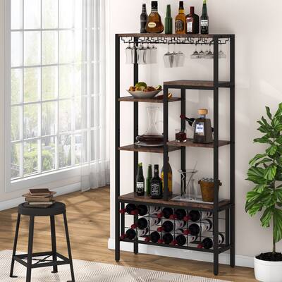 Vintage Retro Brown/ Black Freestanding Wine Bar Rack Cabinet with Glass Holder, Industrail Wood Wine Storage Display Shelves
