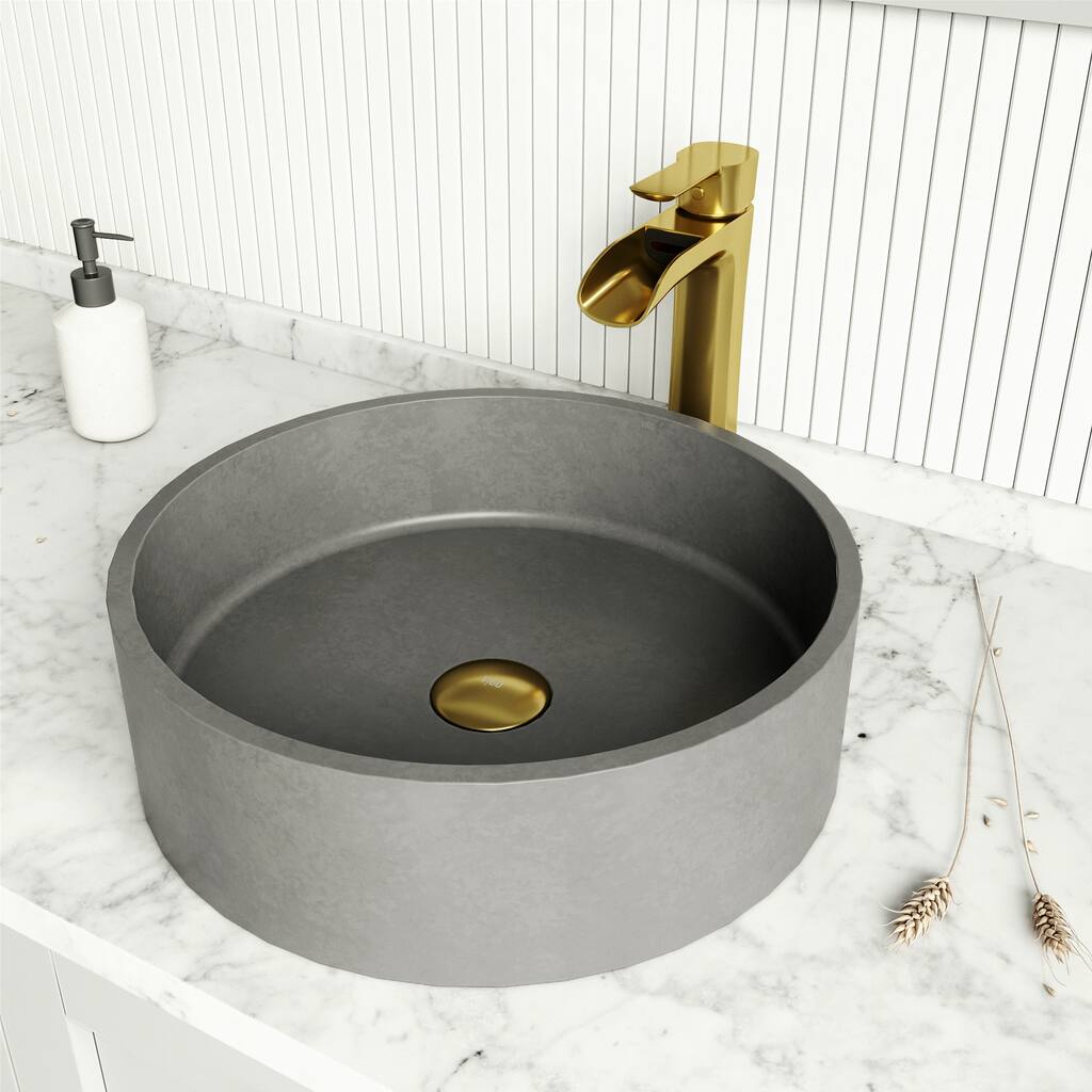 Vigo VGT2030 Palermo Gothic 15" Circular Concrete Vessel Bathroom Sink - Matte Brushed Gold