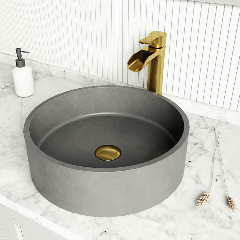 Vigo VGT2030 Palermo Gothic 15" Circular Concrete Vessel Bathroom Sink - Matte Brushed Gold - Matte Brushed Gold