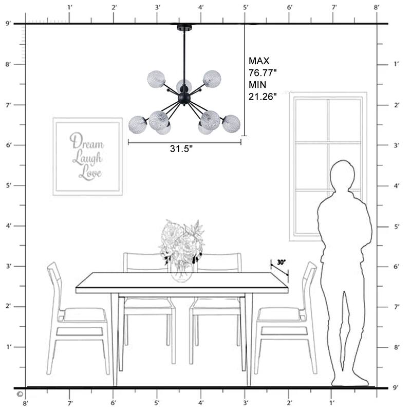 31.5" 9-Light Modern Black Sputnik Pendant Light Pineapple Glass Globe - Dia.31.5-in