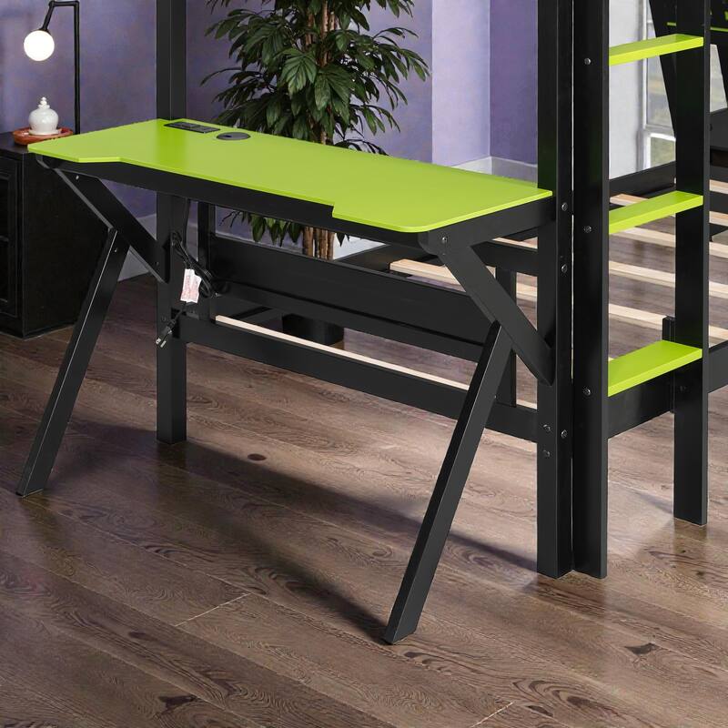 Twin/Full Gaming Bunk Bed with Dual Desks, USB Charging Ports and Pegboard Organizer, Gamer Bunk Frame