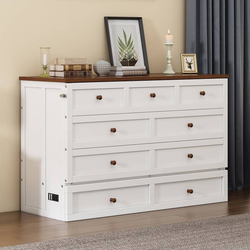 Modern Platform Murphy Bed, Full/Queen Size Mobile Murphy Cube Cabinet Bed w/ Drawer and Charging Station, Wood Murphy Bed Chest