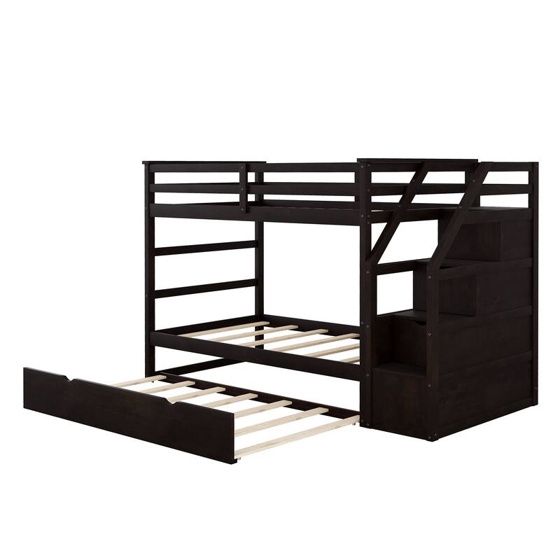 Twin-Over-Twin Bunk Bed with Trundle and 3 Storage Stairs, Espresso Finish