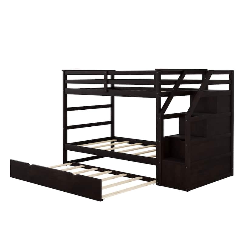 Wooden Twin-Over-Twin Bunk Bed with Pull-Out Trundle and 3 Storage Stairs