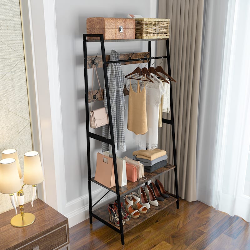 Industrial Clothes Rack Stand with Storage Shelves and 9 Hooks