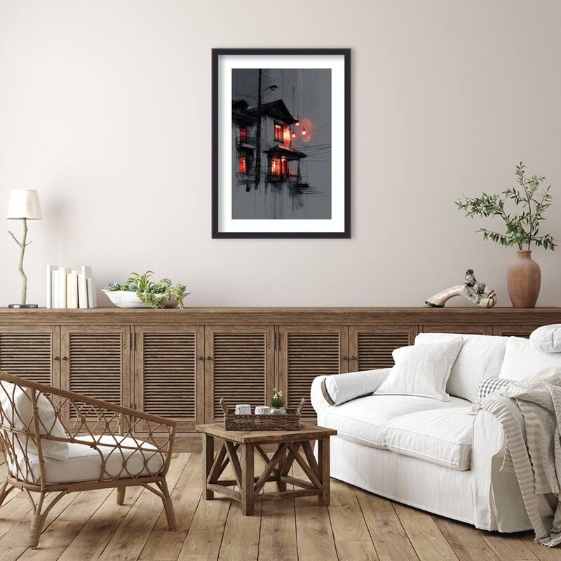 Asian House Red Windows Ink Sketch Red Moon Lanterns by Tradelink inhouse artist Wood Framed Wall Art Print