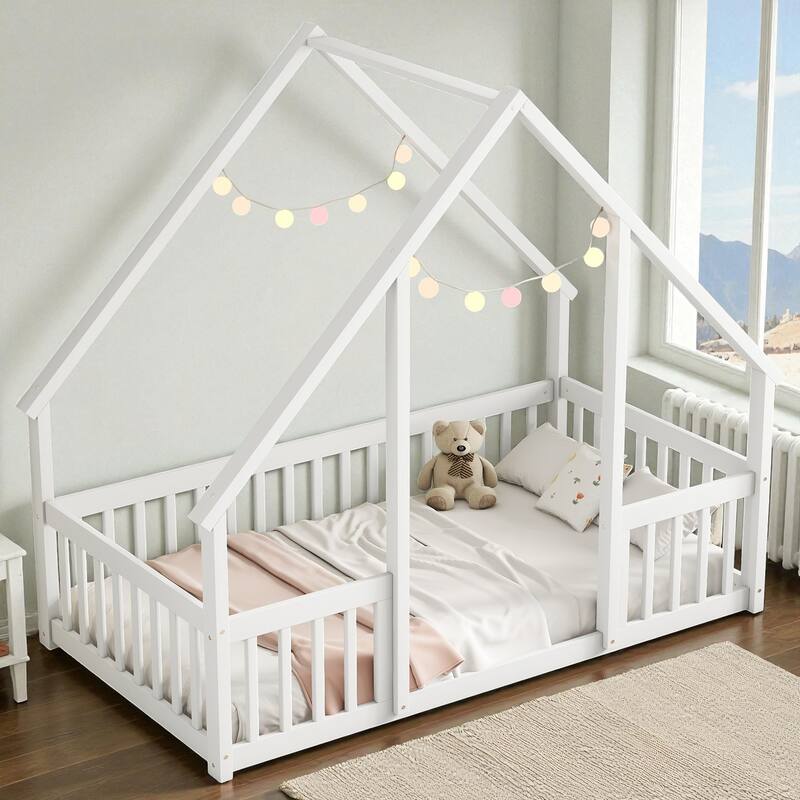Twin/Full Size Wooden House-Shaped Floor Bed with Fence and Guardrails, Kids Montessori Bed with Roof Frame - White - Twin