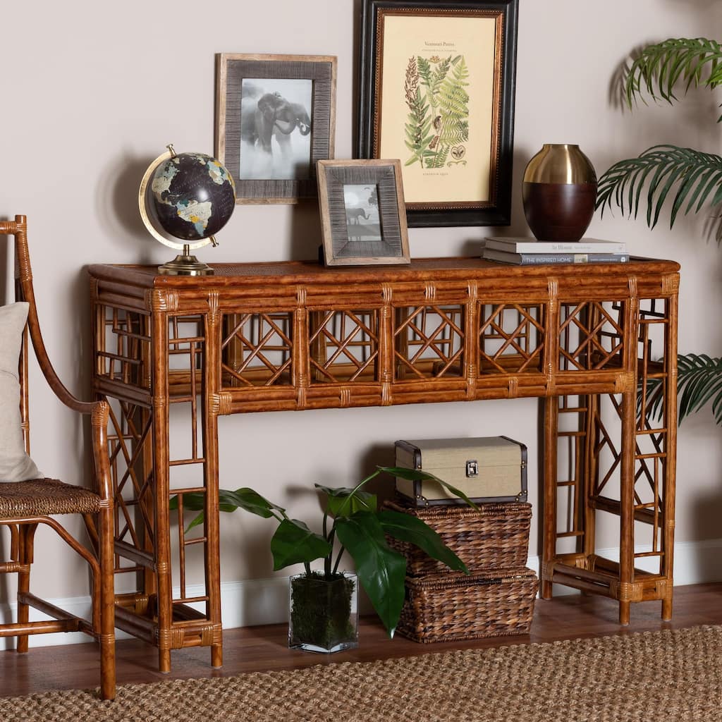 Wahid Marbled Tortoise Natural Rattan Console Table - Handcrafted Wicker Accent Table with Coastal Boho Style