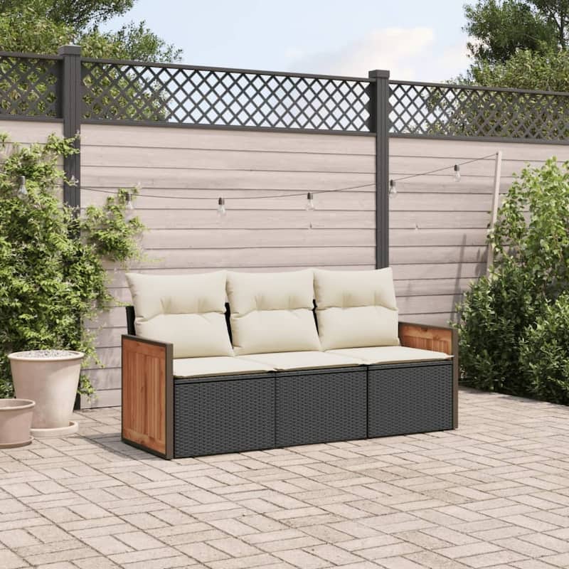 vidaXL Patio Sofa Set with Cushions Outdoor Conversation Furniture Poly Rattan - Black and cream without table - 24.4 x 23.2 x 27.2 in