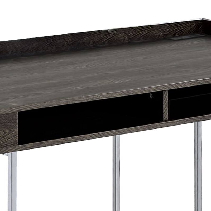 Wooden Desk with Metal Base and Open Compartments, Brown