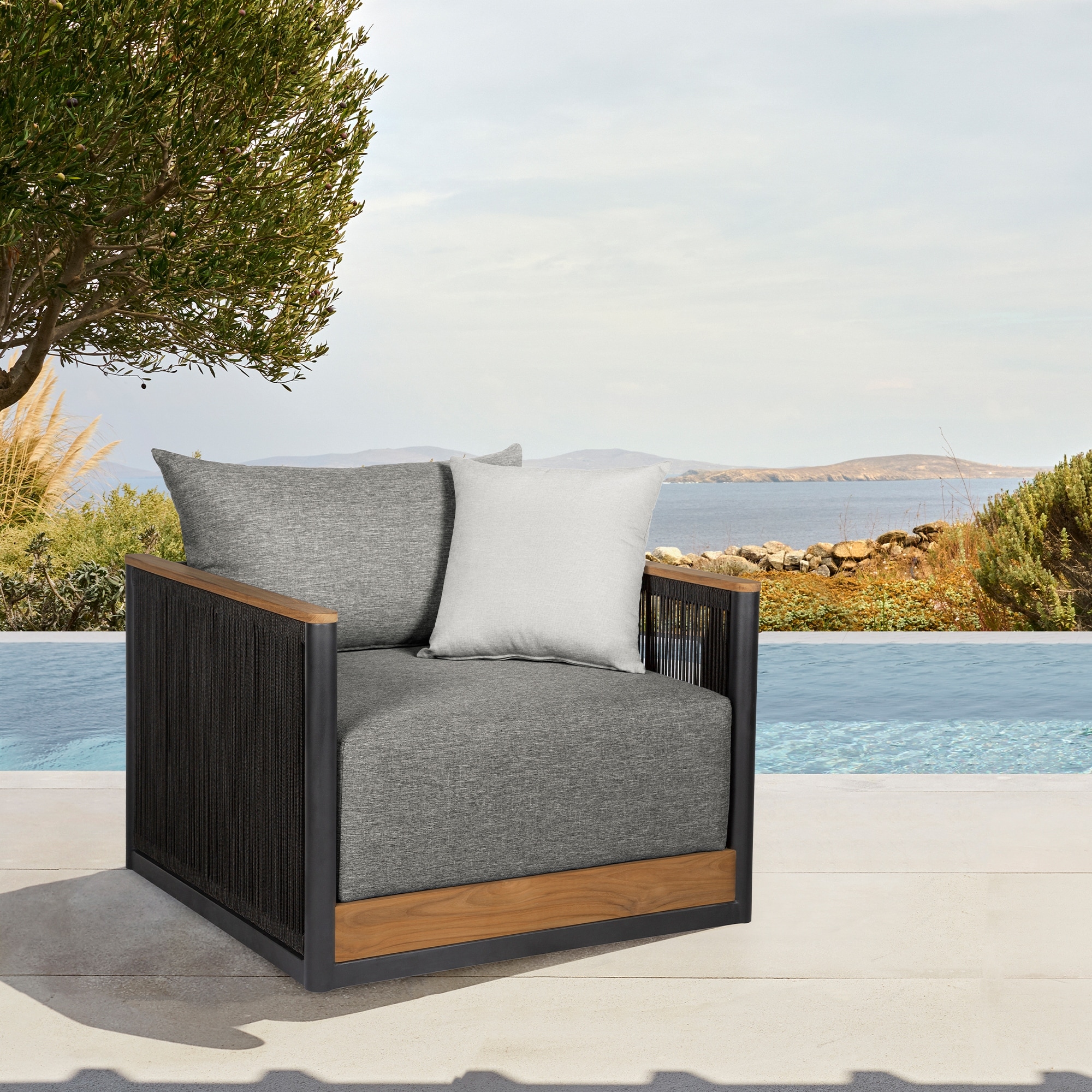 Artesia Outdoor Patio Chair in Teak Wood and Black Rope with Dark Gray  Olefin Cushions - On Sale - Bed Bath & Beyond - 39875307
