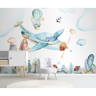 GK Wall Design Cartoon Village Watercolor Airplane and Hot Air Balloon Wallpaper