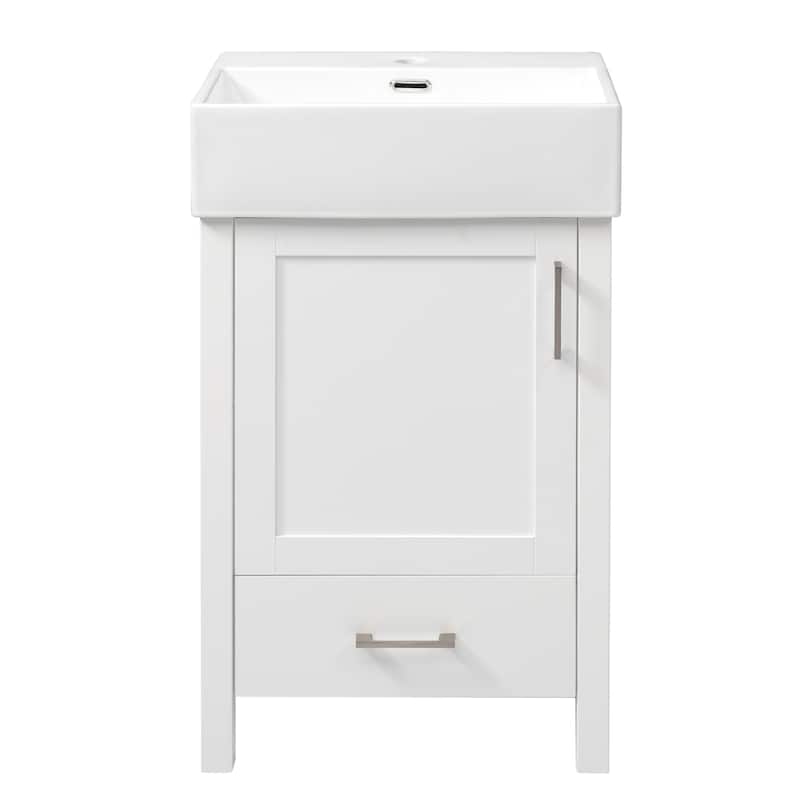 Minimalist Design Storage Cabinet Bathroom Vanity with Drop-In Ceramic Sink, Drawer, Silver Metal Handles and Plastic Feet Pads