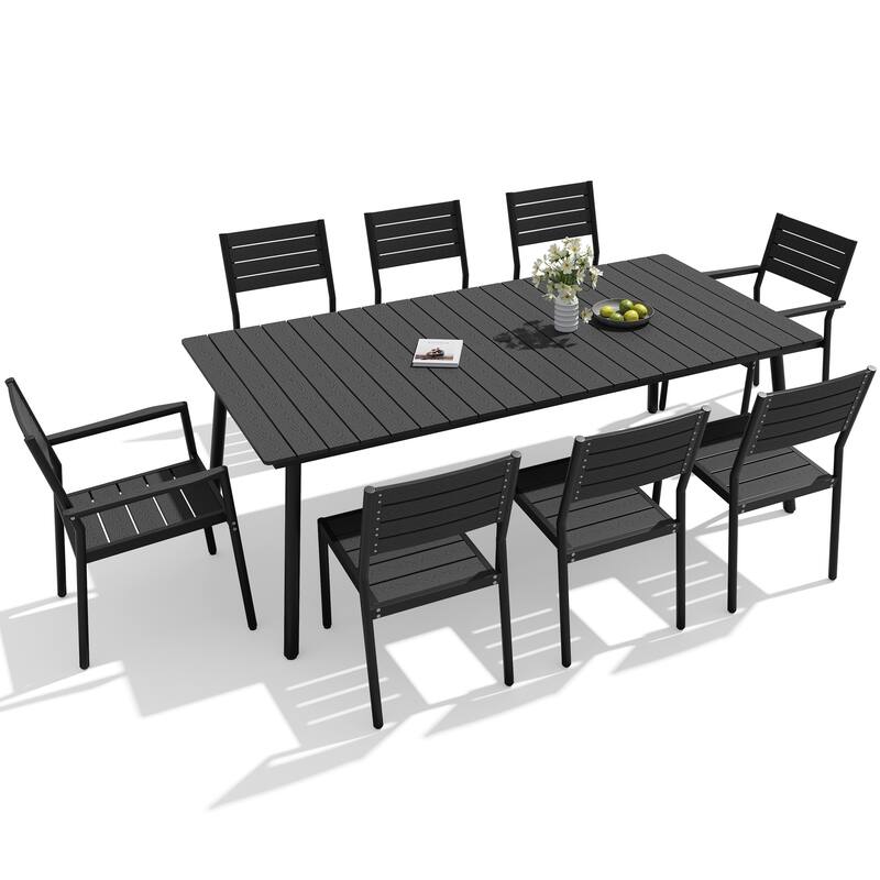 9-Piece Outdoor Patio Dining Set Wood-Like Table Top Alumium Umbrella Hole Table with Stackable Chairs - N/A