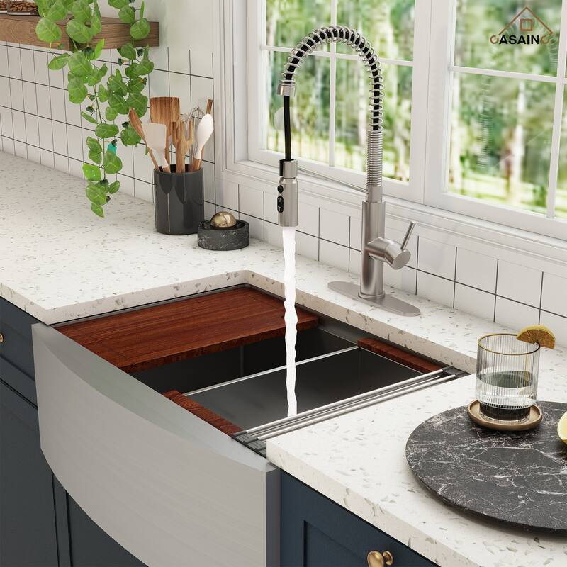 Farmhouse/Apron-Front Single Bowl 16 Gauge Stainless Steel Workstation Kitchen Sink with Accessories and Pull Down Faucet Sets