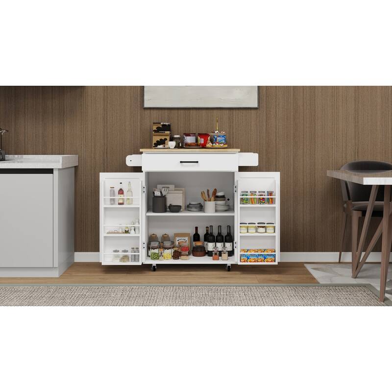 Kitchen Island Cart on Wheels with Drawer & 2 Doors, Rolling Cart with Wood Table Top, Storage Racks & Adjustable Shelves