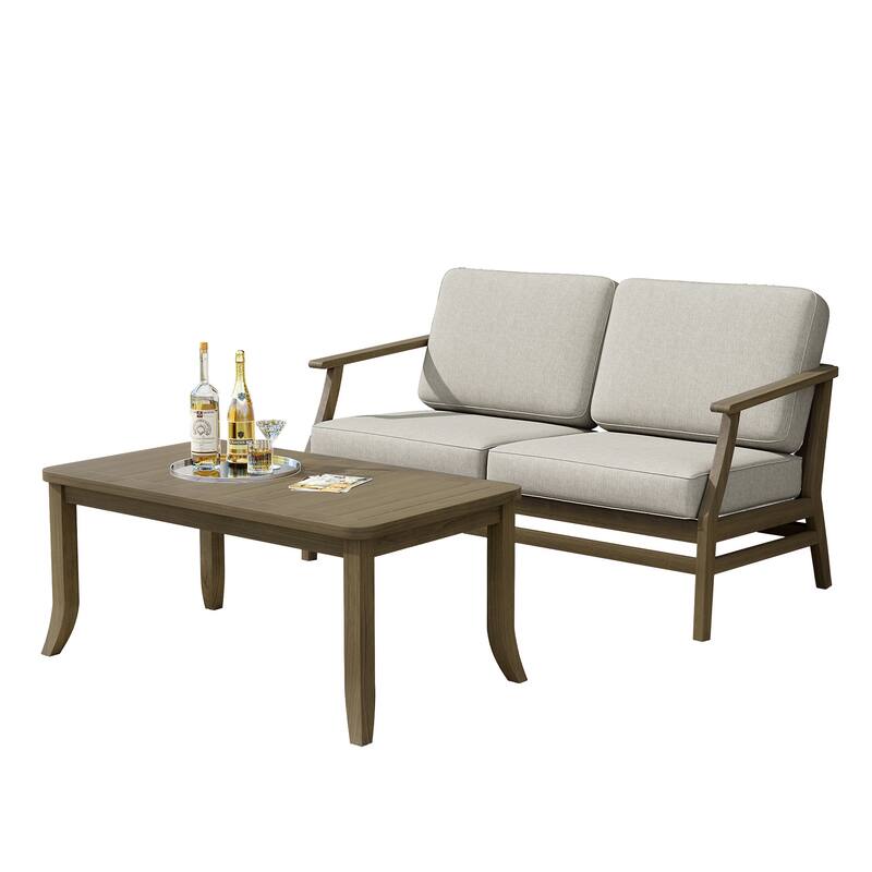 Outdoor Loveseat Sofa with Coffee Table Teak Wood Patio Furniture