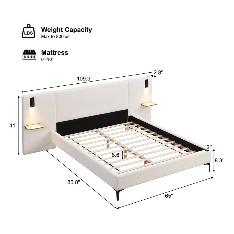 Platform Bed Frame with Integrated Lights, Upholstered Bed Frame with Headboard, Wood Slat Support, No Box Spring Needed