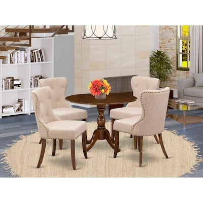 HomeStock 5-Piece Antique Walnut Finish Solid Wood Top Dining table with 4 Chairs with Drop Leaf Lattice Back